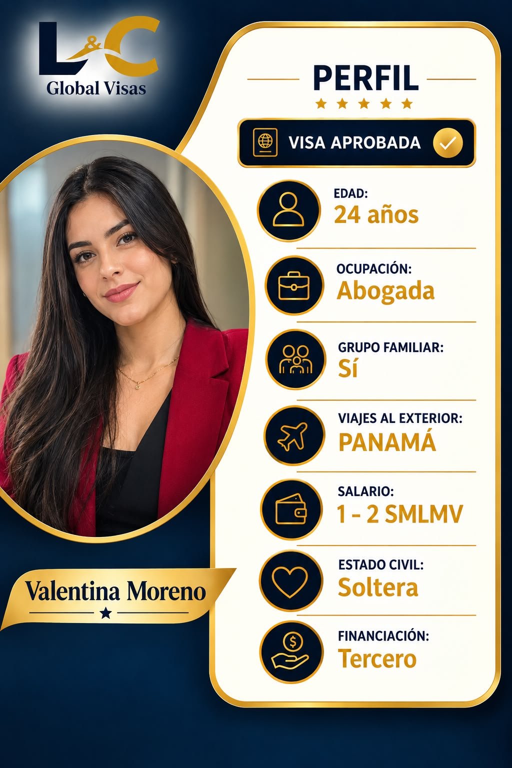 Perfil de Valentina Moreno, abogada de 24 años con visa aprobada